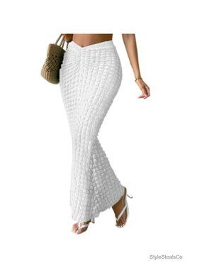 Pleated High Waisted Fishtail Wrap Maxi Skirt Beach Vacation